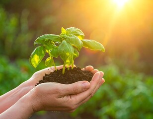 Hands Holding Basil Plant Seedling in Sunlight - Nurturing Growth.