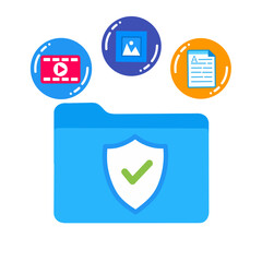 secure folder with checkmark shield symbol and media file icons.