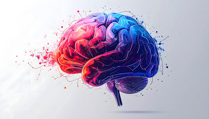 Dynamic Brain Illustration with Colorful Splashes on White Background