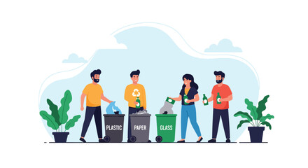 Adobe illustrator artwork vector illustration: People sorting waste into recycling bins for plastic, paper, and glass, promoting environmental conservation and sustainability