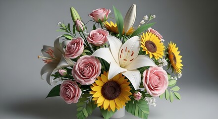 Beautiful and colorful paper cutout floral arrangement with lilies roses and sunflowers