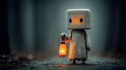 A cute figure with a glowing lantern in a mysterious and atmospheric environment