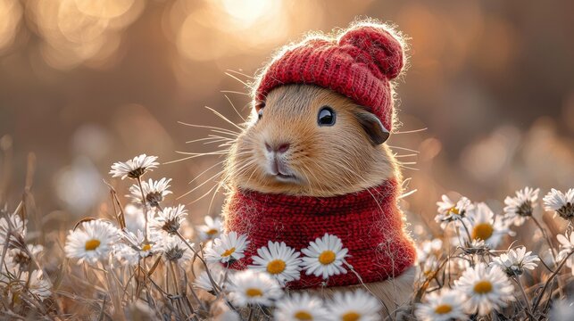 A rodent wearing a red hat and scarf sits among white daisy-like flowers in a field. AI.