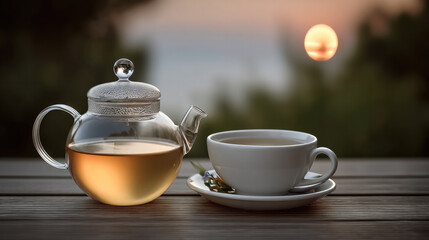 Fototapeta premium Glass teapot cup saucer tea wooden table outdoor sunset nature warm peaceful beverage