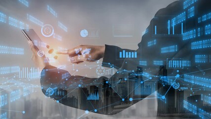 A hands-on approach to digital technology as a business professional interacts with mobile data visualization above an urban skyline, showcasing analytics and trends. Xenic - Powered by Adobe