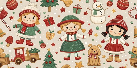 Christmas Dolls Seamless Pattern, Holiday Event Festive Children Toys
