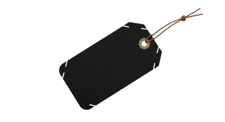 A blank black tag with a string and metal grommet, isolated on transparent background