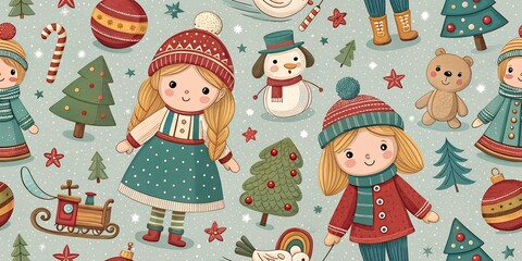 Fototapeta premium Christmas Dolls Seamless Pattern, Holiday Event Festive Children Toys