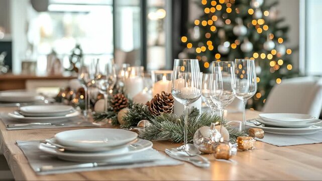 Elegant holiday dinner setting with table decoration and glowing Christmas tree in a stylish dining room