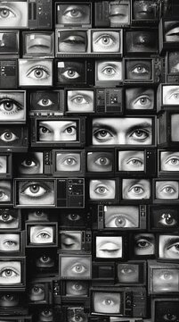 Wall of retro televisions showing blinking eyes in black and white