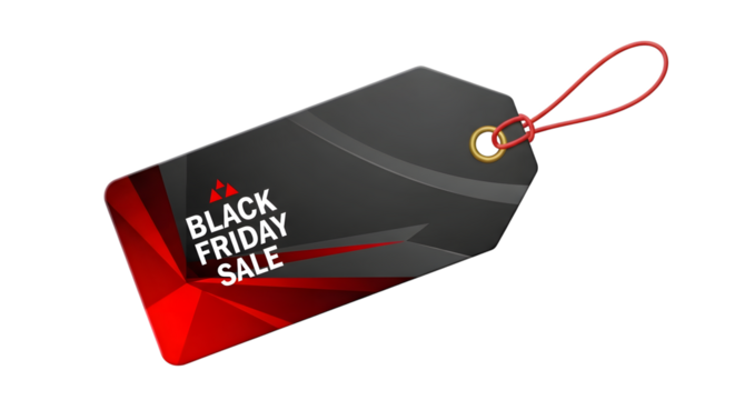 Black friday sale tag with red and black abstract design, isolated on transparent background