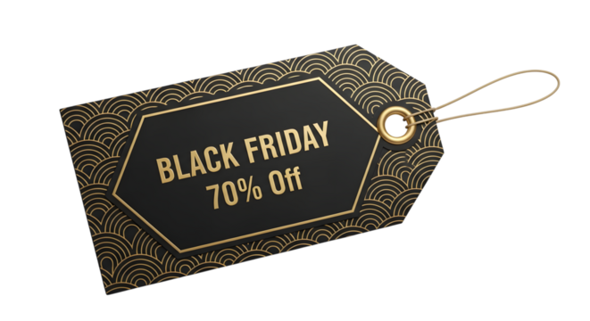 Black friday 70 off sale tag with art deco pattern, isolated on transparent background