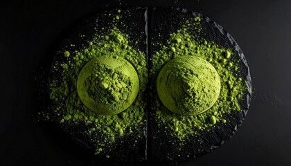 Matcha Delight: A close-up view showcases two vibrant green matcha desserts dusted with matcha powder on a dark slate, exuding an air of sophistication and culinary craftsmanship. 