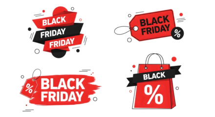 Collection of four black friday sale tags and shopping bag icons isolated on transparent background