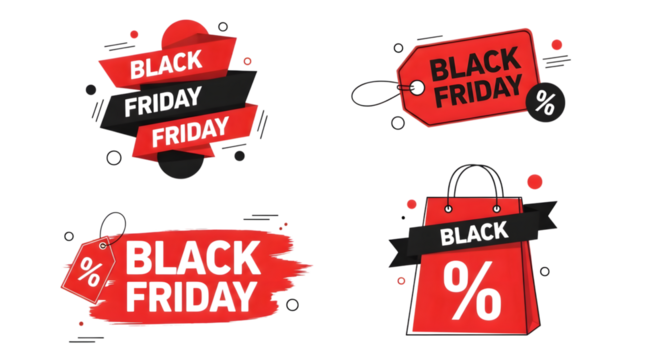 Collection of four black friday sale tags and shopping bag icons isolated on transparent background