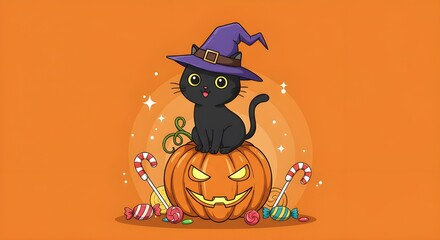Cartoon vector illustration of a cute spooky black cat and pumpkin under the orange autumn moon for a funny Halloween night background design
