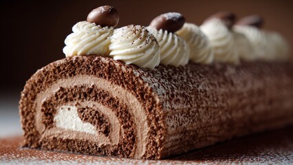 Perfectly Rolled Chocolate Roulade on a Warm Brown Background. The cake is garnished with piped cream and a chocolate piece.