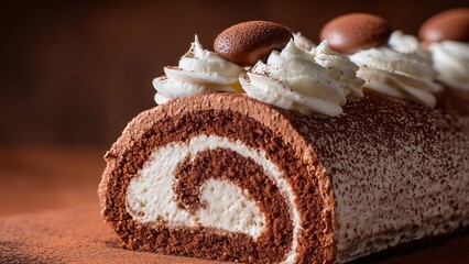 Gourmet Bûche de Noël (Yule Log) Dessert with Cream and Chocolate Garnish. This image is excellent for stock content related to baking, sweet treats, holiday desserts, and high-end bakery products.

