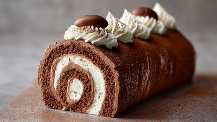 Patisserie Showcase - Chocolate Sponge Cake with perfect swirl of bright white cream filling, contrasting beautifully with the dark chocolate sponge. 