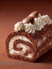 Rich Chocolate Swiss Roll with Cream Filling, Dusted with Cocoa Powder. The image emphasizes the soft texture of the cream and the velvety finish of the cocoa-dusted cake.