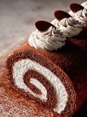 Cocoa Powder Dusted Christmas Dessert - Elegant Cake Roll. This image is excellent for stock content related to baking, sweet treats, holiday desserts, and high-end bakery products.

