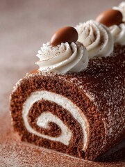 Patisserie Showcase - Chocolate Sponge Cake with Cream Rosettes. The focus is on the rich color and the elegant decoration of cream rosettes and chocolate ovals on the top surface.

