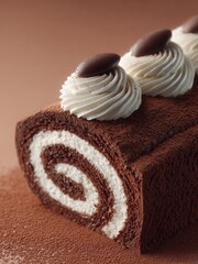 Rich Chocolate Swiss Roll with Cream Filling, Dusted with Cocoa Powder. The image emphasizes the soft texture of the cream and the velvety finish of the cocoa-dusted cake.

