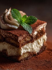 Gourmet No-Bake Italian Sweet - Tiramisu with Mint Sprig. The dessert is topped with a decorative rosette of whipped cream, enhancing its appeal as a luxury, ready-to-eat sweet treat.

