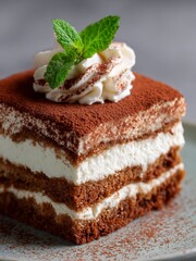 Gourmet Italian Tiramisu Served on a Ceramic Plate with Whipped Cream and Mint Garnish. Ideal for menus and high-end dessert advertising.

