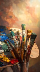 Colorful paintbrushes and palette in front of an expressive, blurred background