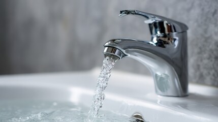 Water flowing from a chrome faucet into a sink