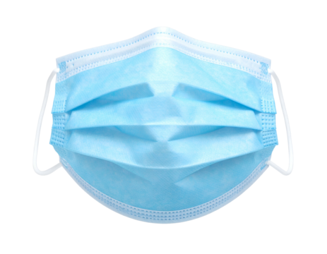 A light blue medical face covering, pleated, with elastic straps, isolated on black