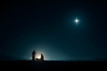 A nativity scene setup using silhouettes of Mary, Joseph, and baby Jesus with a glowing star above