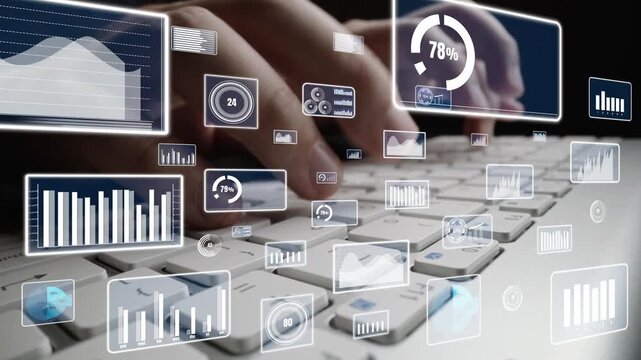 A close-up of hands typing on a sleek keyboard. Surrounded by dynamic digital graphs and data icons, this image symbolizes technology and data analysis in a modern workspace. Xenic