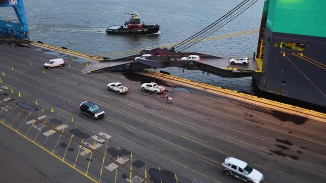 Aerial View of a Vehicle Car Carrier Ship Unloading Cars in Port
