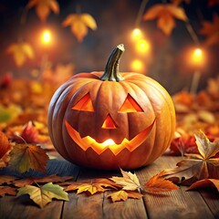 Jack o lantern glows among autumn leaves and twinkling lights