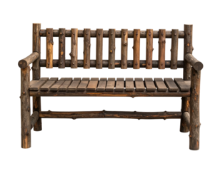 A rustic wooden bench built from logs, showcasing a natural and outdoorsy aesthetic