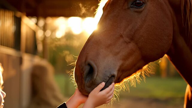 Child Petting a Brown Horse in Golden Light at a Stable