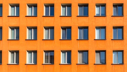 Obraz premium Orange Building Facade with Rows of Windows in Geometric Pattern.