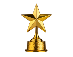 A golden star trophy with a star-shaped top on a pedestal, isolated on black