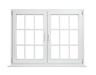 A white, double-hung window with divided panes, against a black background
