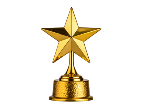 A golden star trophy with a star-shaped top on a pedestal, isolated on black