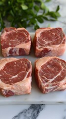 Fototapeta premium Close up of fresh raw beef steaks on marble with parsley garnish
