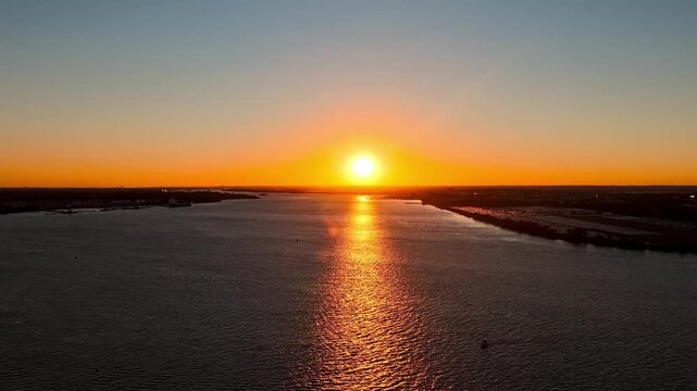 Aerial View of a Fire Sky Sunset over Delaware River
