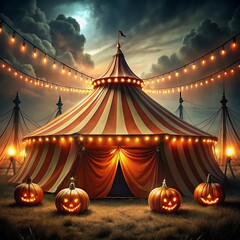 Spooky halloween carnival tent with jack o lanterns and string lights