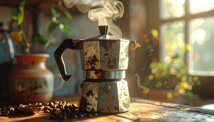 Steam Rises from Coffee Pot: A vintage Italian coffee maker steams gently, emitting a fragrant aroma and promising a warm, invigorating start to the day, surrounded by rustic charm and natural light.