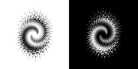Dynamic abstract spiral sound wave rhythm lines. Circular spiral sound wave rhythm of lines. Circular futuristic abstract lines, black and white background.	