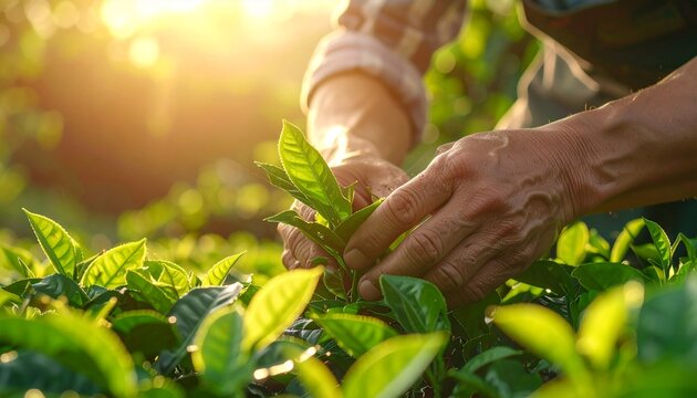 Cultivating Green Gold: Close-up shot of a farmer tending to tea plants, with sunlight casting a warm glow, emphasizing the care and dedication involved in nurturing nature's bounty. 