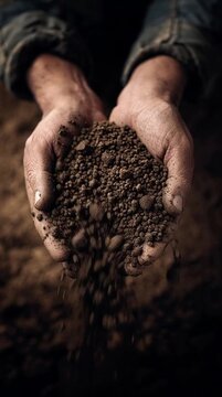 Farmer's hands holding rich dark soil trickling through their fingers