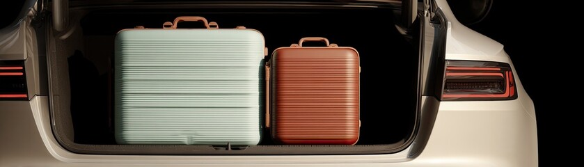 Fototapeta premium A sleek car trunk showcases two stylish suitcases, ready for travel, highlighting modern design and practicality.